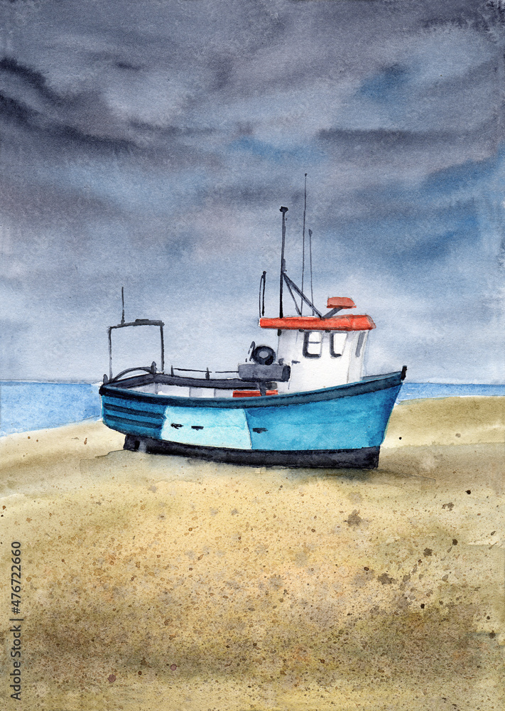Watercolor illustration of an old blue boat on a sandy beach with blue skies and with the sea on the background 