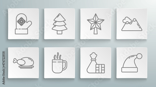 Set line Roasted turkey or chicken, Christmas tree, Coffee cup, Gift box and bag, Santa Claus hat, star, Mountains and mitten icon. Vector