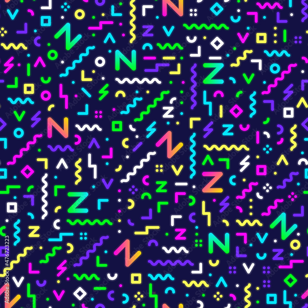 Vector geometric seamless pattern, abstract background, neon geometry. With a glow effect on a dark background. Vector geometric seamless pattern, abstract background, neon geometry. With a glow effect on a dark background.