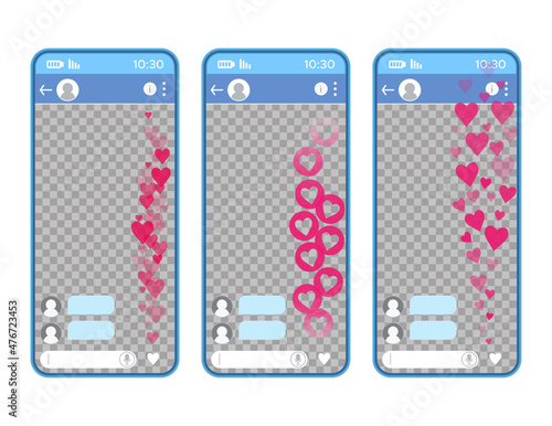 Online video chat with likes on smartphone. Live broadcast templates. Flat vector set.