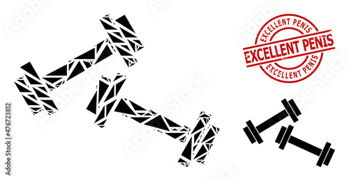 Simple geometric barbells mosaic and EXCELLENT PENIS grunge stamp print. Red stamp includes Excellent Penis text inside circle and lines shape.