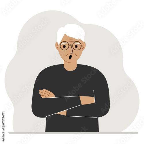 Granddad is screaming and upset. The arms are crossed over the chest. Vector