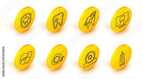 Set line Tube of toothpaste, Otolaryngological head reflector, Dental floss, Medicine pill tablet, clinic location, Tooth whitening concept, with caries and protection icon. Vector