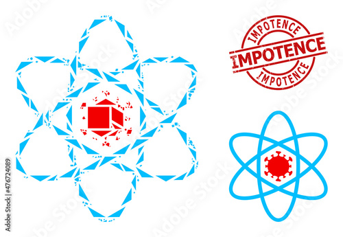 Simple geometric virus atom mosaic and Impotence unclean stamp. Red stamp seal includes IMPOTENCE tag inside round and lines template. Vector virus atom icon collage is filled of random triangles,