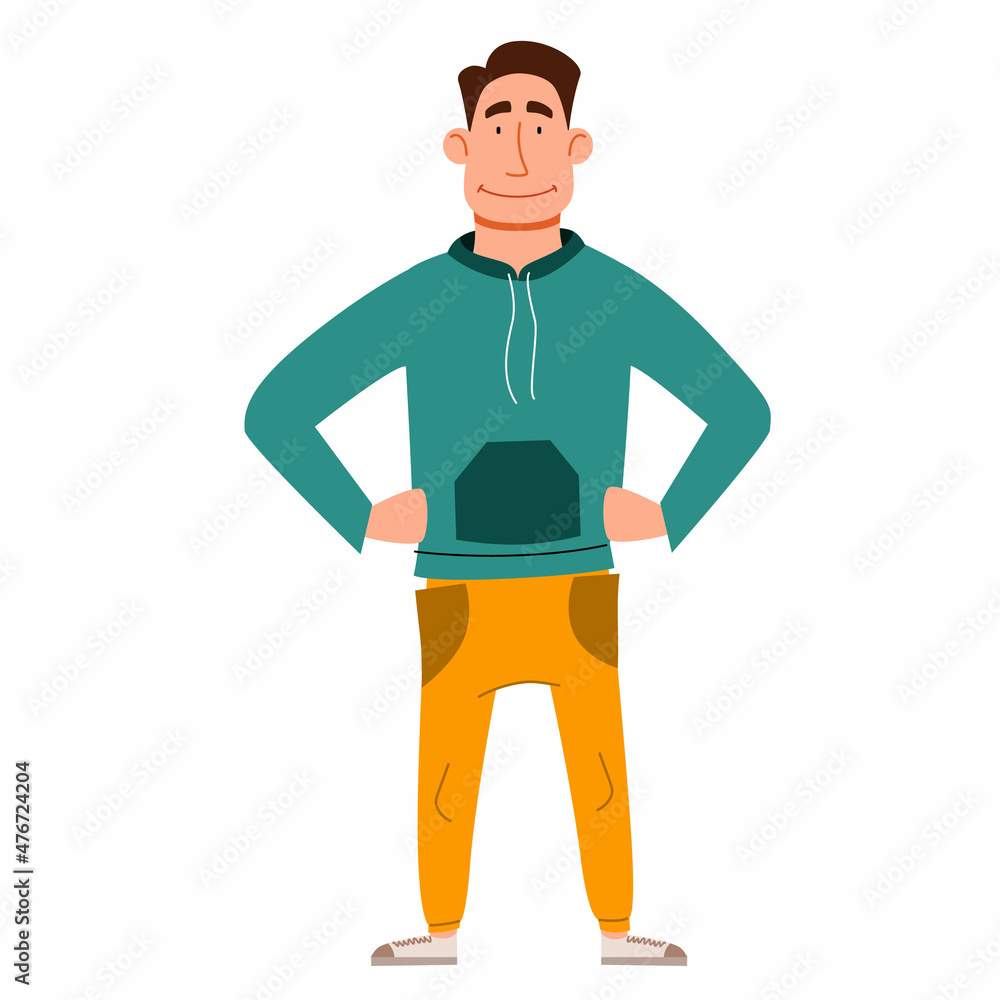 a handsome dark-haired man with his hands on his waist. Vector illustration in a flat cartoon style.