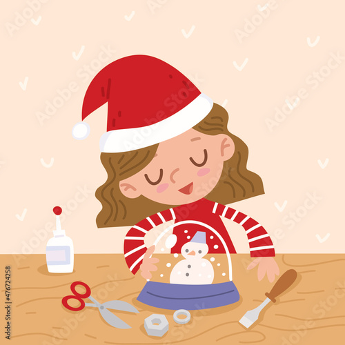 Girl elf making handmade Christmas decorations, crafting new year present. Vector flat illustration. Christmas kids craft activities Holiday DIY preparation. Creative diy hobby.