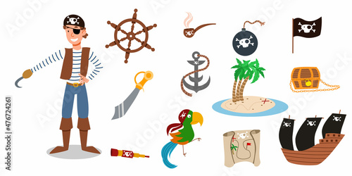 A set of pirate items. a pirate character in a suit in a bandana without a hand and with an eye patch. vector illustration of a pirate sailor isolated on a white background