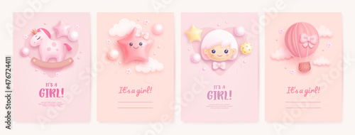 Set of baby shower invitation with cartoon horse, baby girl, hot air balloon and helium balloons on pink background. It's a girl. Vector illustration