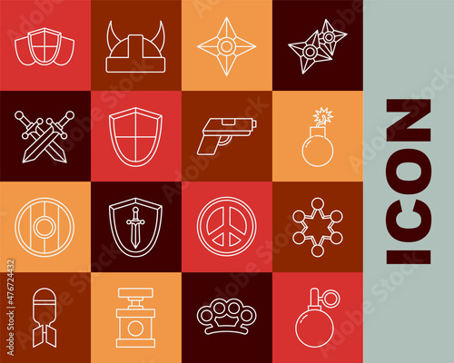 Set line Hand grenade, Police badge, Bomb ready to explode, Japanese ninja shuriken, Shield, Crossed medieval sword, and Pistol gun icon. Vector