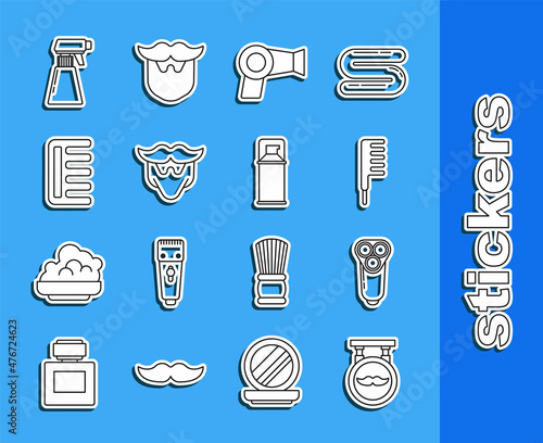 Set line Barbershop, Electric razor blade for men, Hairbrush, dryer, Mustache and beard, Hairdresser pistol spray bottle and Shaving gel foam icon. Vector