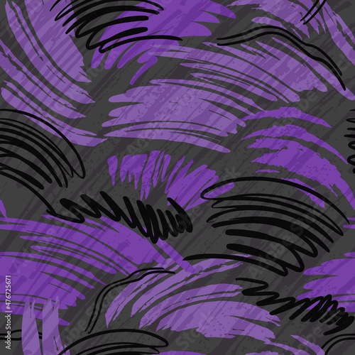 Vector seamless scribble pattern, made of chaotic lines and stokes. Black white violet colors surface design very peri trend fashion design on dark background.