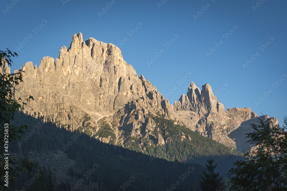 sunset over the dolomites mountains of pale di san martino