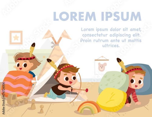 Children are playing Indians, native americans together in kinder garden, or at home. Kids doing Indians role play with wigwam ,headdress, feathers, bow . Preschool kids have fun.