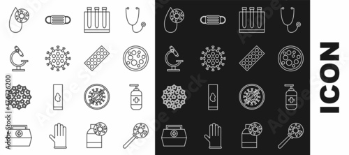 Set line Virus under magnifying glass, Bottle of liquid antibacterial soap, Blood test and virus, Microscope, and Pills blister pack icon. Vector