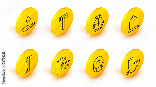 Set line Toilet bowl, paper roll, Shower head, Bottle with nozzle spray, Condom, Perfume, Shaving razor and Washing hands soap icon. Vector
