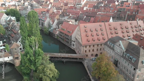 Nuremberg, Germany. Aerial view of city medieval skyline along the river from drone photo