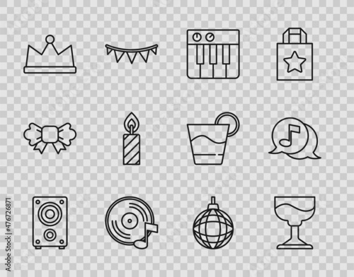 Set line Stereo speaker, Cocktail, Music synthesizer, Vinyl disk, Crown, Birthday cake candles, Disco ball and Musical note speech bubble icon. Vector