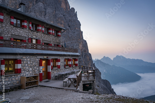 pradidali refugio in pale di san martino early in the morning in the dolomites photo