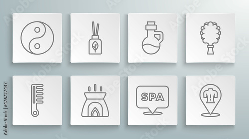 Set line Hairbrush, Aroma diffuser, candle, Spa salon, Massage, Essential oil bottle, Sauna broom and Yin Yang icon. Vector