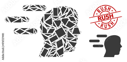 Simple geometric rush mind mosaic and Rush textured stamp print. Red stamp seal has Rush caption inside round and lines form. Vector rush mind icon collage is combined from chaotic triangles,