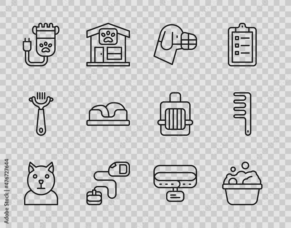 Set line Cat, Pets bath, Dog in muzzle, Retractable cord leash, Hair clipper pet, bed, Collar with name tag and brush for dog and cat icon. Vector Set line Cat, Pets bath, Dog in muzzle, Retractable cord leash, Hair clipper pet, bed, Collar with name tag and brush for dog and cat icon. Vector
