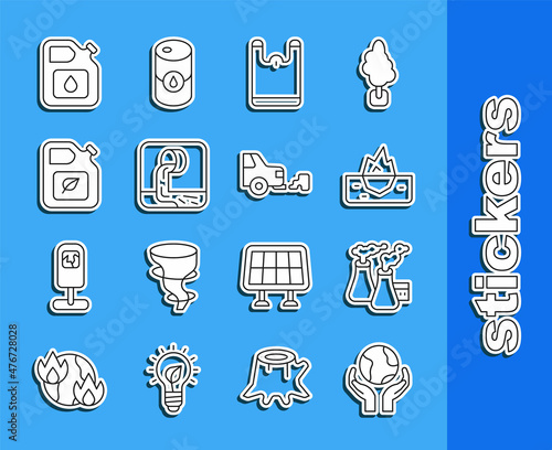 Set line Hands holding Earth globe, Smoke from factory, Iceberg, Plastic bag, Wastewater, Bio fuel canister, Canister for gasoline and Car exhaust icon. Vector