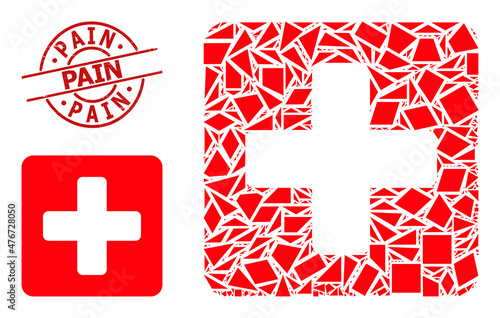 Simple geometric medical box mosaic and Pain grunge stamp seal. Red stamp has PAIN text inside circle and lines form. Vector medical box icon collage constructed from randomized triangles,