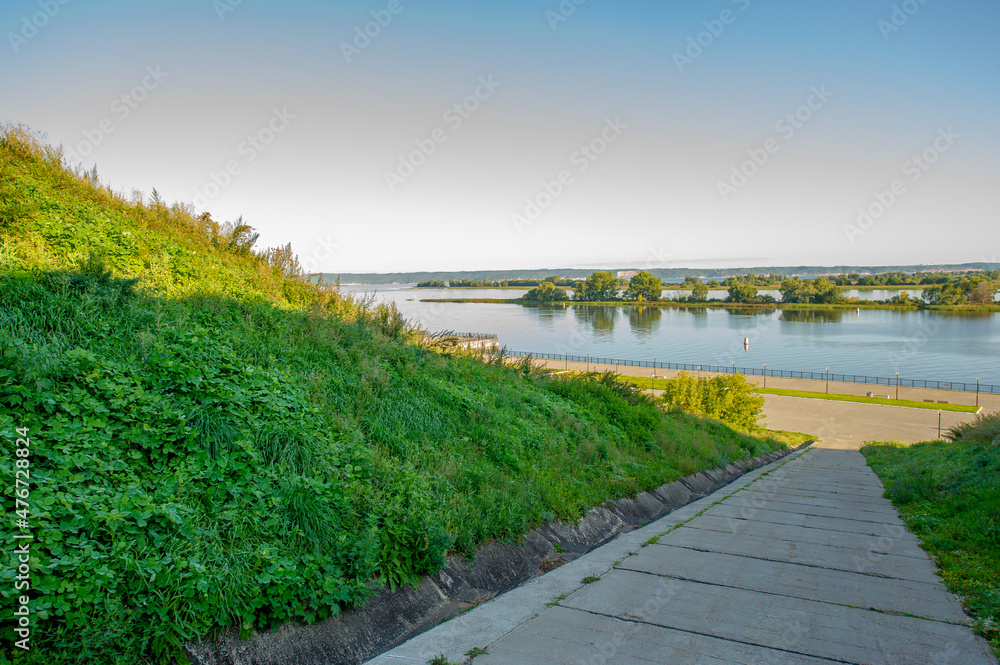 Summer landscape, a large powerful river in the European part of the world. Bulgar is located on the left bank of the Volga, 140 kilometers from Kazan. Previously, it was known as Spassk.