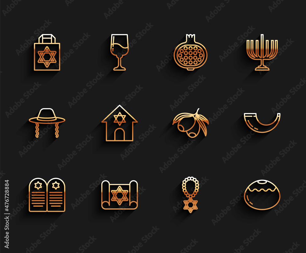 Set line Tombstone with star of david, Torah scroll, Shopping bag, Star David necklace chain, Jewish sweet bakery, synagogue, Traditional ram horn, shofar and Olives branch icon. Vector Set line Tombstone with star of david, Torah scroll, Shopping bag, Star David necklace chain, Jewish sweet bakery, synagogue, Traditional ram horn, shofar and Olives branch icon. Vector