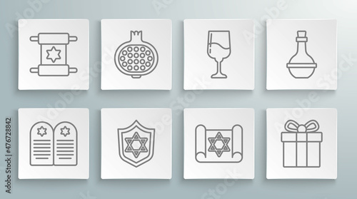 Set line Tombstone with star of david, Pomegranate, Shield Star David, Torah scroll, Gift box, Jewish goblet, wine bottle and icon. Vector