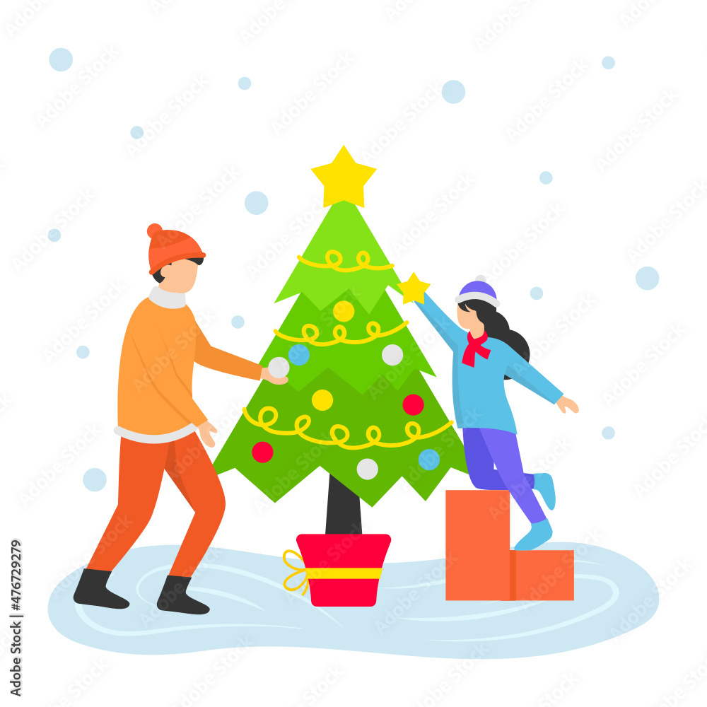 Boy and Girl Decorate the Christmas Tree Concept Vector Color Icon Design, Winter Season activity Scene Symbol, Wintertime Sign, Holiday Celebration in Snowy Park Stock Illustration