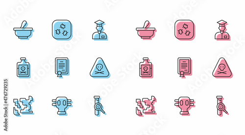 Set line Gaseous, mask, Mortar and pestle, Test tube flask, Certificate template, Triangle warning toxic, Poison bottle and Bacteria icon. Vector