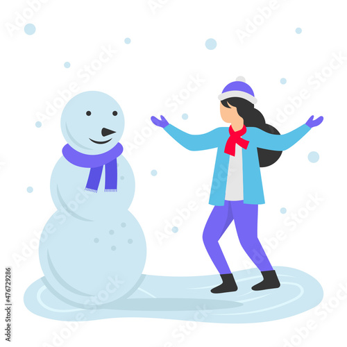 Woman Making A Snowman Concept, Cute Girl wearing Knitted Hat Vector Color Icon Design, Winter Season activity Scene Symbol, Wintertime Sign, Holiday Celebration in Snowy Park Stock Illustration © shmai