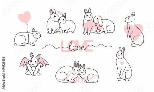 Set of line art minimalistic rabbits with hearts. Love and Valentine's Day. Hand drawn cute animal collection for love confession and greeting cards