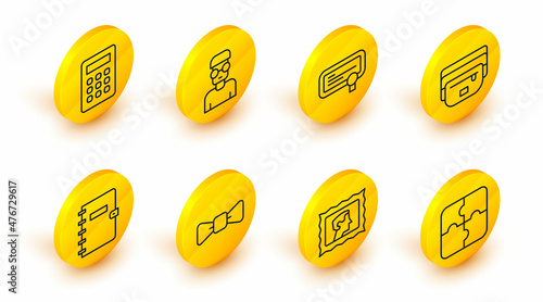 Set line Piece of puzzle, Postal stamp, Bow tie, Spiral notebook, Waist bag banana, Certificate template, Nerd geek and Calculator icon. Vector