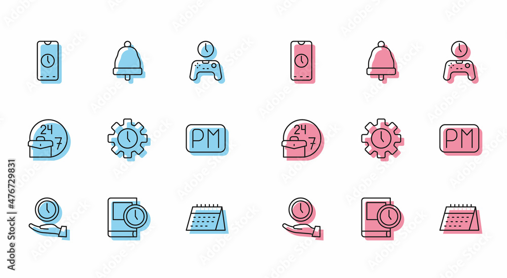 Set line Clock, Time for book, Alarm clock app mobile, Calendar, Management, Day time, Always busy and Ringing bell icon. Vector