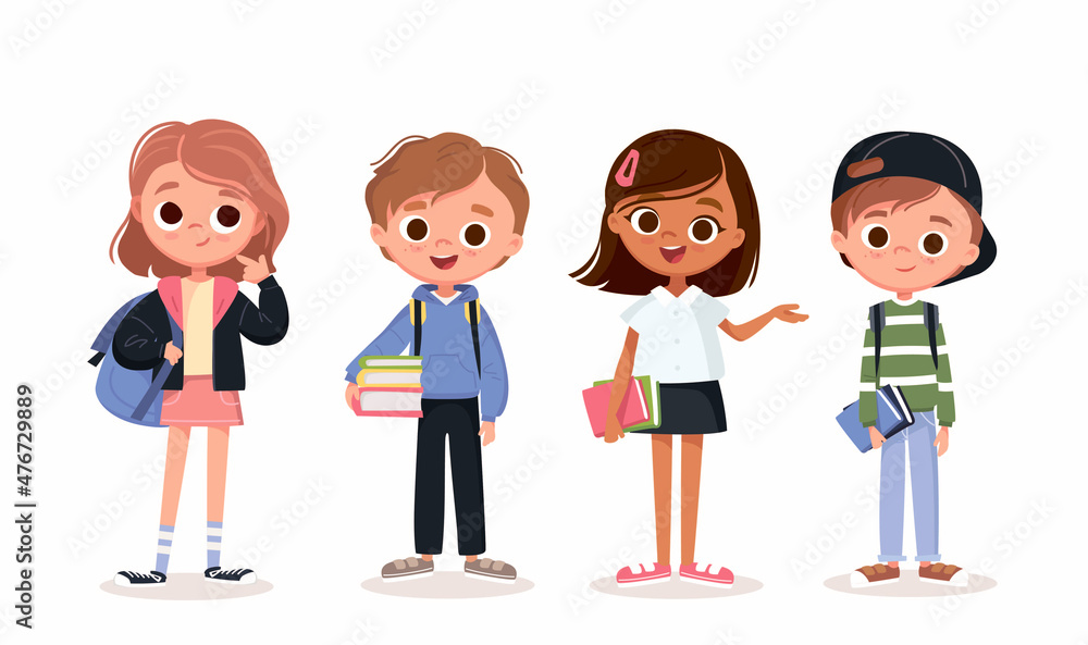 Set of school kids with school supplies.Pupils, children with books and backpacks. Vector set of preschoolers,teenagers, characters in different poses,clothes,wear.Children fashion models.Kids apparel