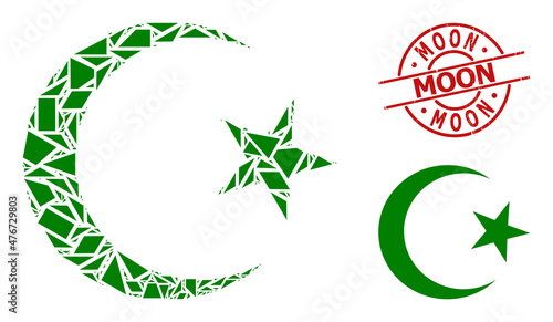Simple geometric muslim moon mosaic and Moon textured stamp seal. Red stamp seal includes MOON text inside circle and lines template.