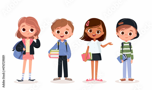 Set of school kids with school supplies.Pupils, children with books and backpacks. Vector set of preschoolers,teenagers, characters in different poses,clothes,wear.Children fashion models.Kids apparel