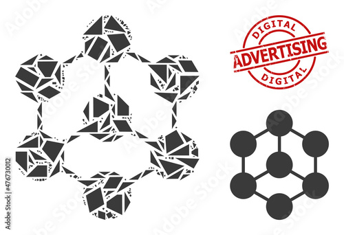 Simple geometric blockchain nodes mosaic and DIGITAL ADVERTISING scratched stamp seal. Red stamp seal contains DIGITAL ADVERTISING caption inside circle and lines template.