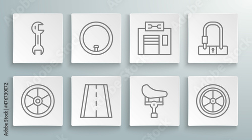 Set line Bicycle wheel, lane, seat, repair service, lock and Wrench spanner icon. Vector