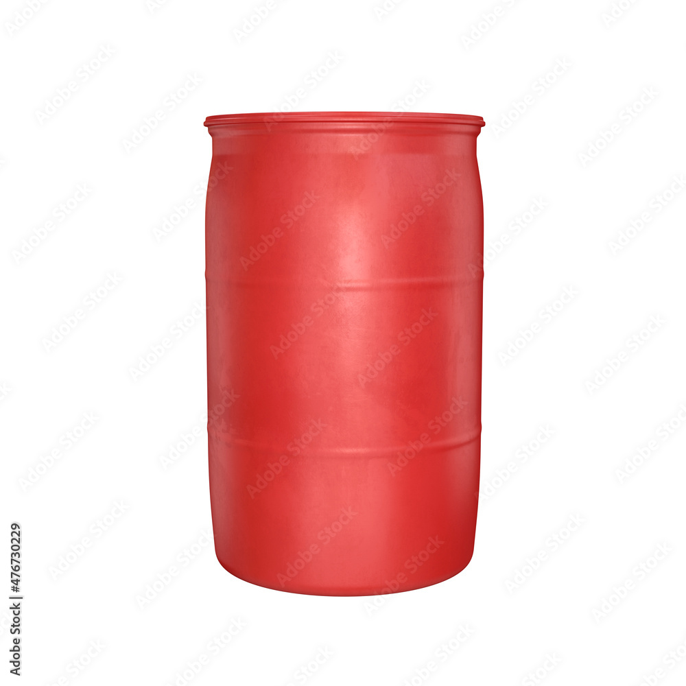 Plastic barrel red side view on a white background, 3d render Plastic barrel red side view on a white background, 3d render