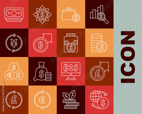Set line Money exchange, Financial growth and pound, Coin money with dollar, Wallet coins, bitcoin, Yen, Stacks paper cash and Glass jar icon. Vector