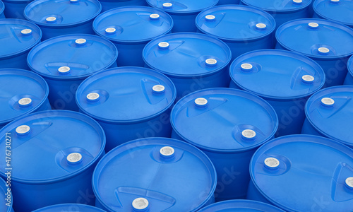 Plastic barrels stack of blue color, 3d render