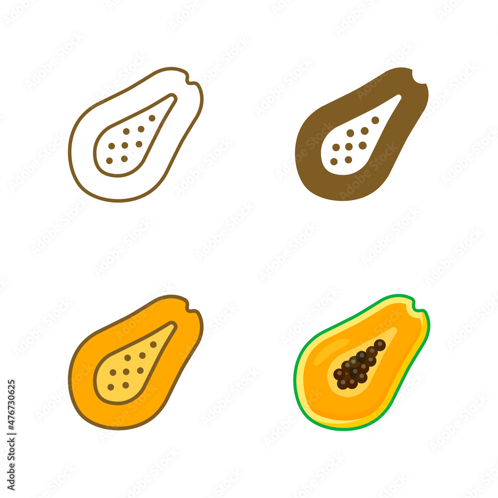Papaya vector icon set. Flat design illustration of papaya isolated on white background