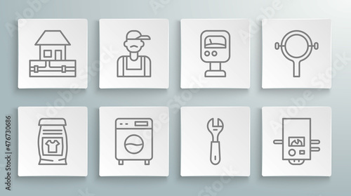 Set line Laundry detergent, Plumber, Washer, Wrench spanner, Gas boiler, Pressure water meter, Filter wrench and Water supply pipes icon. Vector