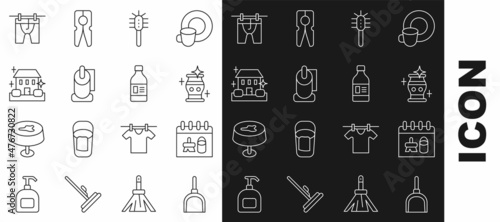 Set line Dustpan, Cleaning calendar, vase, Toilet brush, paper roll, Home cleaning service, Drying clothes and Bottle for agent icon. Vector