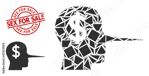Simple geometric financial liar mosaic and SEX FOR SALE textured stamp. Red stamp seal contains Sex for Sale caption inside round and lines template.