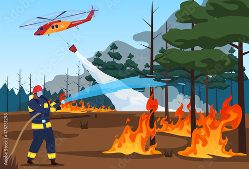 Firefighter in protective clothing and helmet with helicopter extinguishing forest fire vector