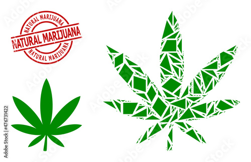 Simple geometric marijuana mosaic and Natural Marijuana scratched stamp seal. Red seal includes Natural Marijuana title inside circle and lines form.